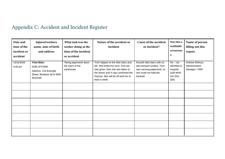 Preview of Incident register